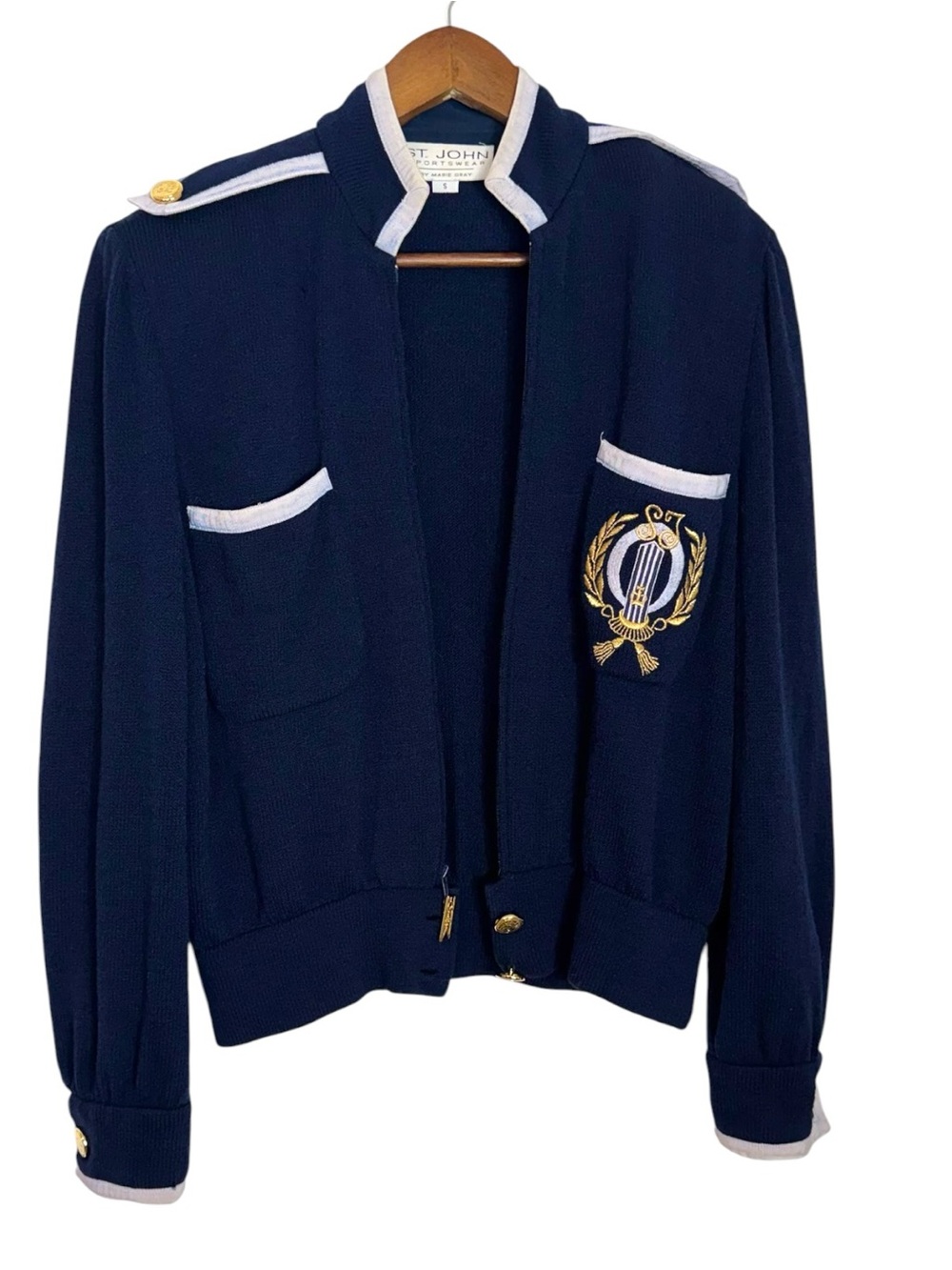 St John Crested Nautical Navy Zip Up Jacket Santana Knit Vintage USA Small - Picture 2 of 12